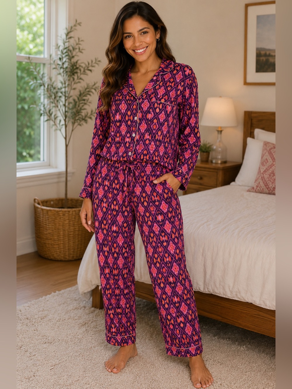 C. Wonder 2-Piece Long-Sleeve Pajama Set with Ikat Diamond Print- Size XS